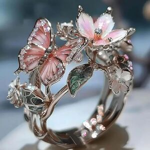 Gorgeous Enamel Butterfly & flowers adjustable Ring in Titanium Silver